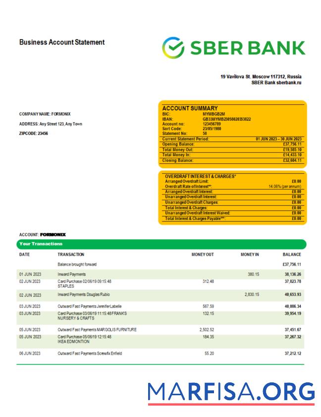 Printable Sberbank Bank enterprise checking account statement Word and PDF template